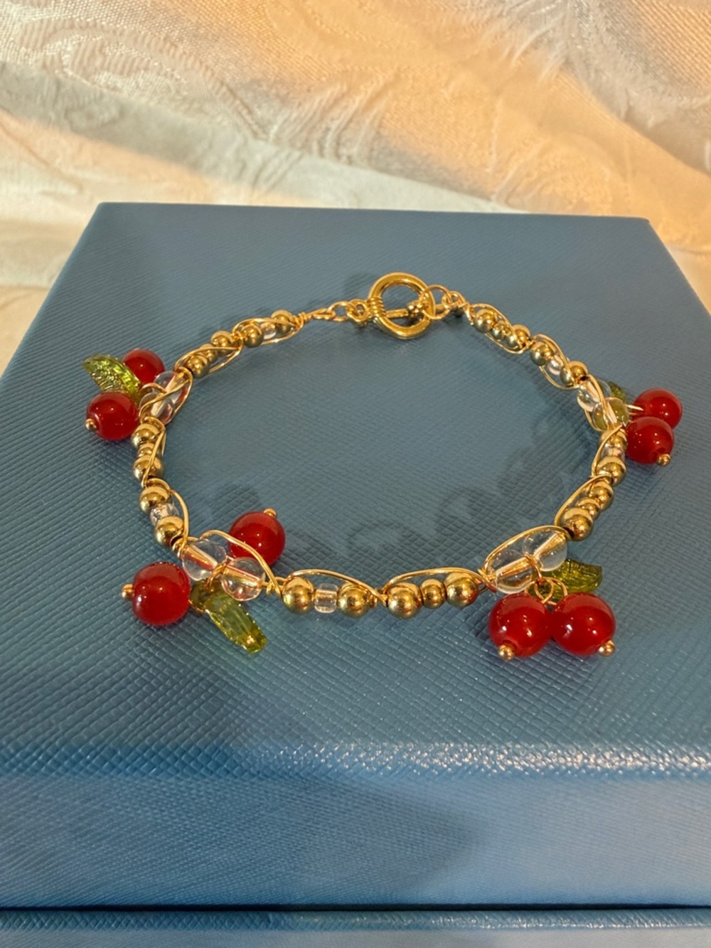 Handmade. Gold-Tone Cherry Charm Bracelet with Beads